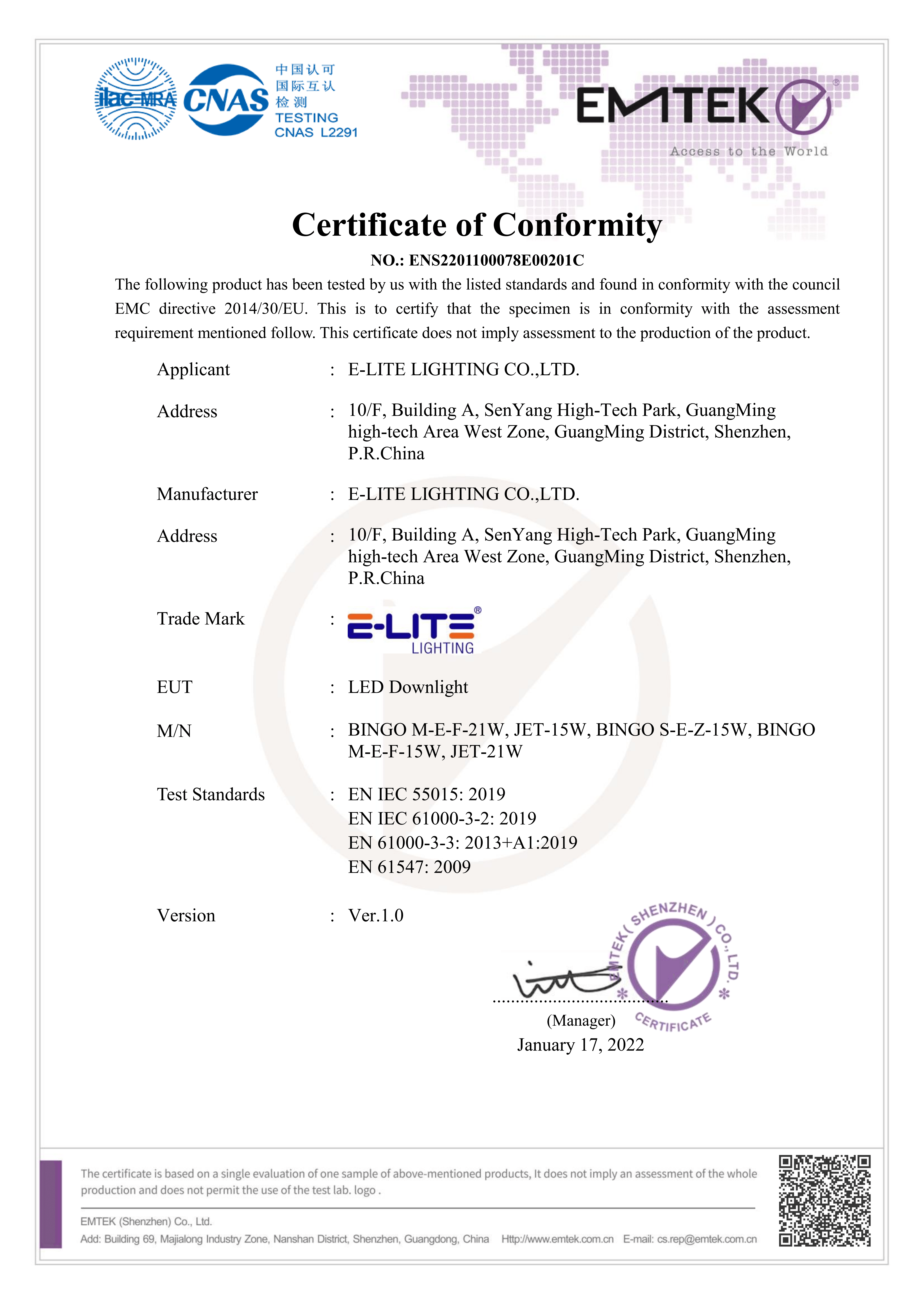CE Certificate EMC Directive